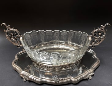 19th C. German Figural 800 Silver & Baccarat Crystal Centerpiece On Plateau