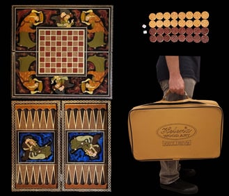 A Persian Shiraz Khatam Inlayed Hand Painted Backgammon Set In Bag, Signed By Artist