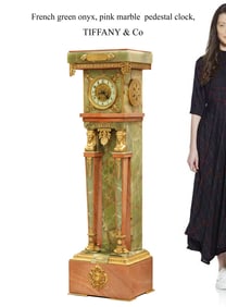 19th C. French Tiffany & Co. Green Onyx & Pink Marble Pedestal Clock