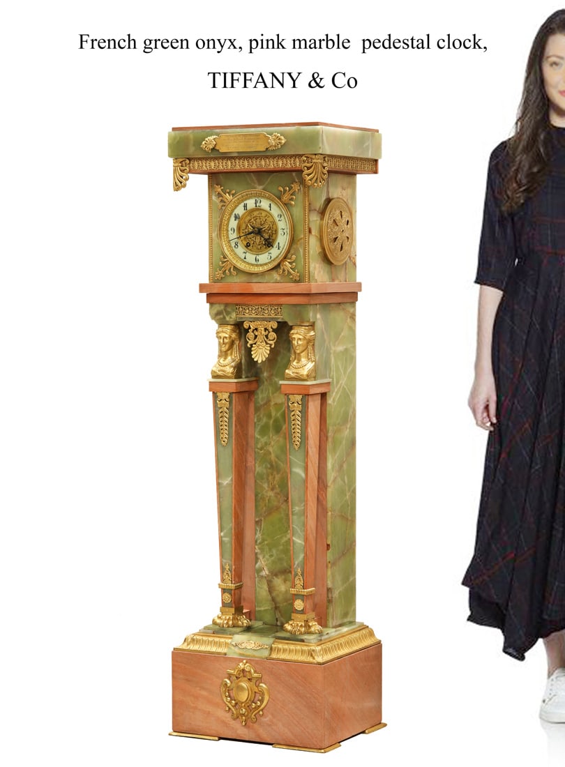 19th C. French Tiffany & Co. Green Onyx & Pink Marble Pedestal Clock (1 of 3)