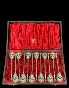 A Set Of Twelve Russian Empire Enamel Silver Spoons, Signed & Boxed