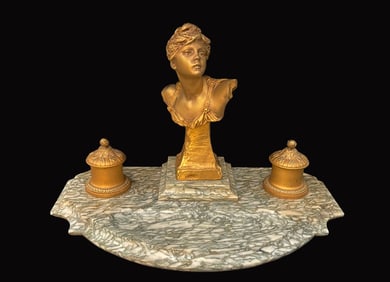 19th C. French Figural Bronze & Marble Inkwell, Signed