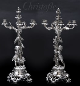 A Fine Pair Of 19th Century French Christofle Figural Silver-plated 6 Branches Candelabras