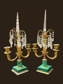 A Pair Of Empire Bronze Malachite Rock Crystal Candelabras