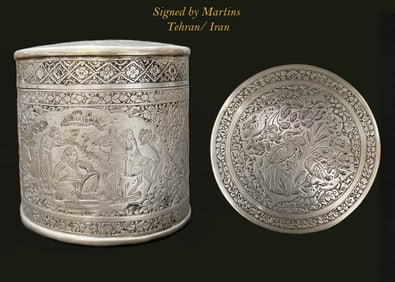 A Persian Engraved Silver Trinket Jewelry Box, Signed
