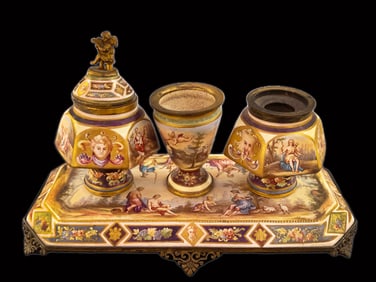 19th C. Austrian Viennese Hand Painted Enamel Bronze Inkwell