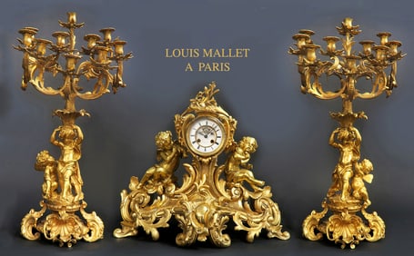 19th C. Large French Louis Mallet Figural Bronze Clock Set