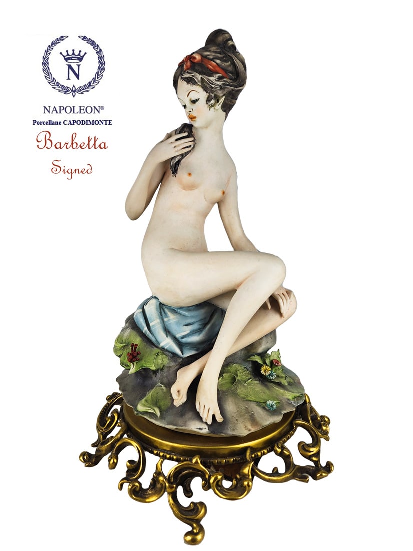 Naked Girl Seared On Rock, A Vintage Capodimonte Hallmarked Figurine, Barbetta Signed: Naked Seared On Rock, Very Rare Italian Capodimonte Hand Painted Porcelain Figurine on bronze base. Hallmarked, Barbetta Signed. Total size: H 11.50" x D 7"
