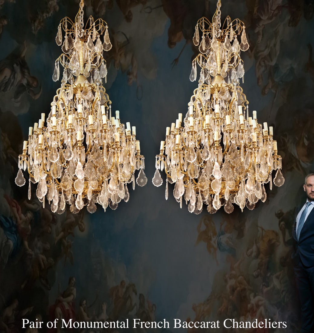 A Pair Of Monumental French Baccarat Crystal Chandeliers: A Pair Of Monumental French Baccarat Crystal Chandeliers. H 60"