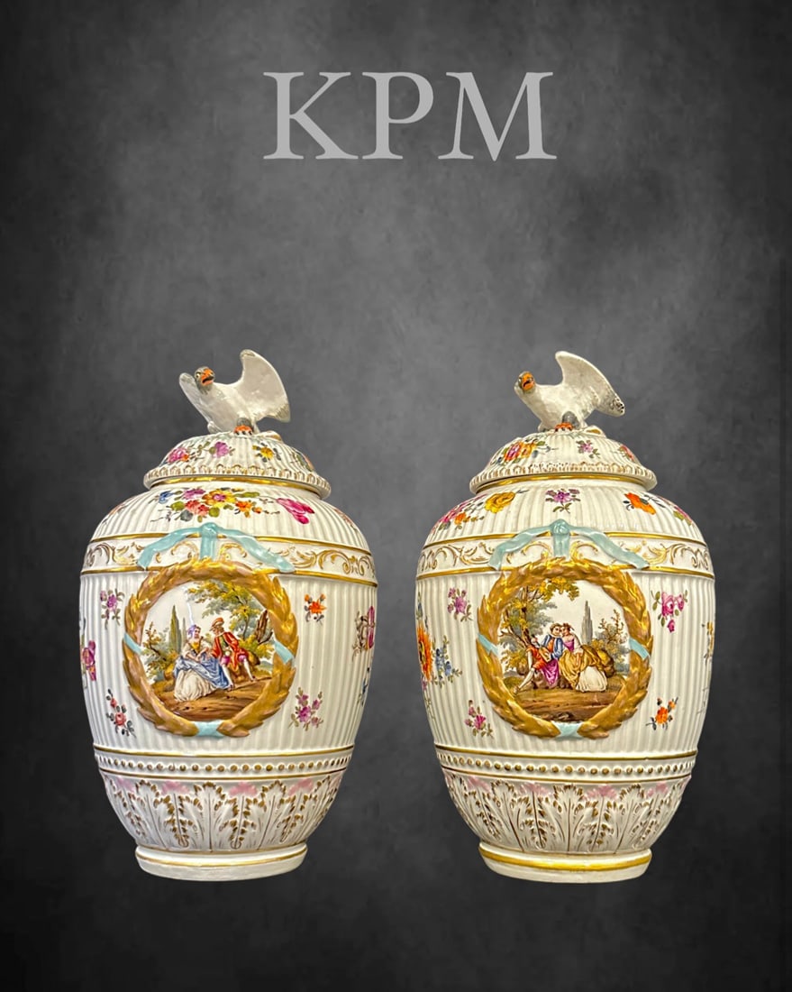 A Pair Of 19th C. KPM Hand Painted Figural Lidded Vases/Urns, Hallmarked (1 of 1)