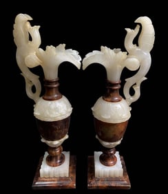 A Pair Of Chinese Figural Alabaster Ewers