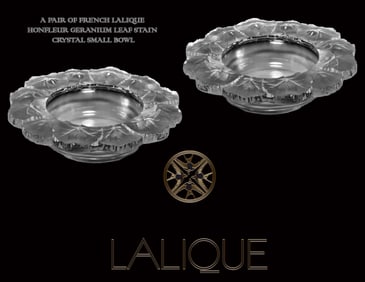 A Pair Of Lalique Honfleur Geranium Leaf Stain Crystal Small Bowl, Signed