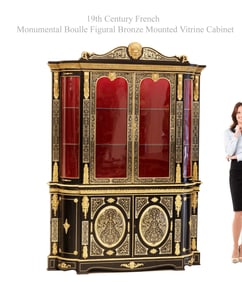A MONUMENTAL 19TH C. FRENCH BOULLE FIGURAL BRONZE MOUNTED CABINE