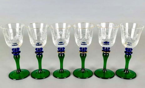 A Set Of Six Italian Murano Hand Blown Glass 24k W/ Gold Trim Green & Blue Wine Glasses