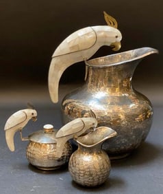 A Set Of Three Los Castillo Silver-Plated Parrot Figural Tea Service