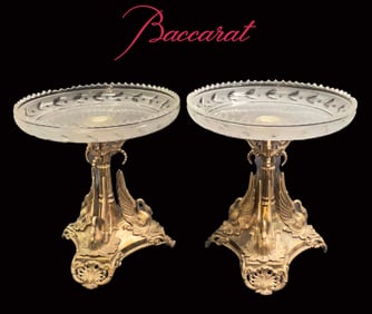 A Pair Of 19th C. Baccarat Crystal & Silver Plated Swans Epergnes