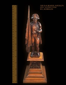 The Flag-Bearer, Napoleon, 19th C. Wooden Statue On Base, L. Bourgeois Signed