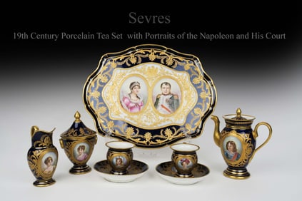 19th C. French Sevres Napoleon Portrait Hand Painted Tea Set, Signed