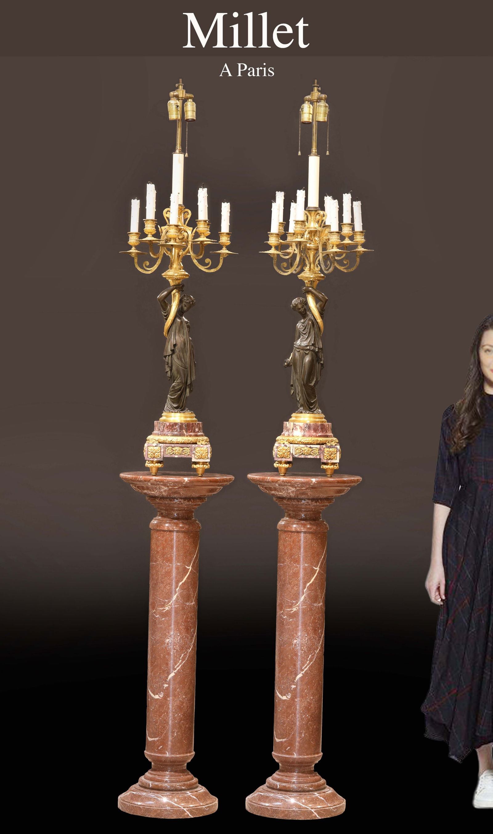 A Pair Of 19th C. Millet Patinated Bronze Rouge Marble Figural Candelabras, Signed (1 of 2)