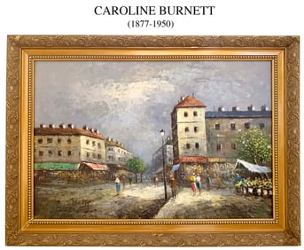 Parisian Street Scene, An Oil On Canvas Framed Painting By Caroline Burnett, Signed