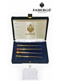 A Faberge Enamel Imperial Egg Cocktail/Sherbet Stirrers In Velvet Box