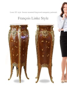 A Pair Of Francois Linke Style Louis XV Bronze Mounted Kingwood Marquetry Pedestals