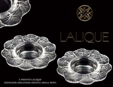 A Pair Of French Lalique Honfleur Geranium Crystal Small Bowl, Signed