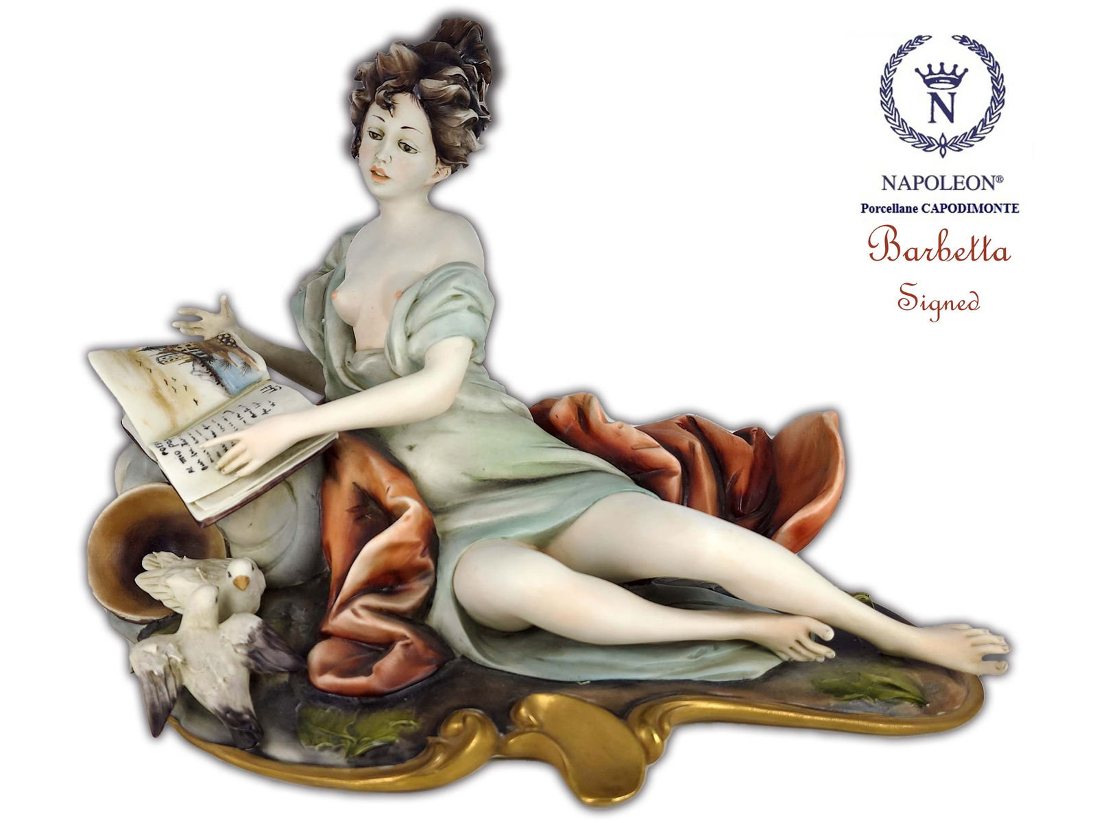 Naked Girl Reads Story, A Vintage Capodimonte Hallmarked Figurine, Barbetta Signed: Naked Girl Reads Story, Very Rare Italian Capodimonte Hand Painted Porcelain Figurine on bronze base. Hallmarked, Barbetta Signed. Total size: H 7.50" x 8" x 10.5"