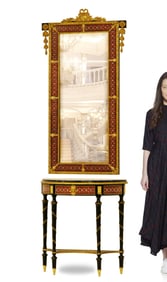 19th C. Neoclassical French Figural Gilt Bronze Mounted Enamel Mirror Console