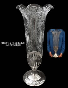 A Large American SHREVE & CO. Sterling Silver Engraved Crystal Glass Vase