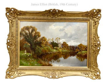 Beside Of River, 19th C. Oil On Canvas Painting, Signed