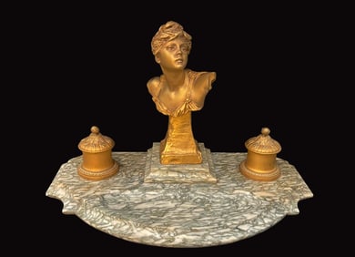 19th C. French Figural Bronze & Marble Inkwell, Signed