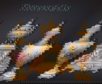 19th C. Tiffany & Co. Sevres Hand Painted Signed L. MALPASS & Bronze Clock Set