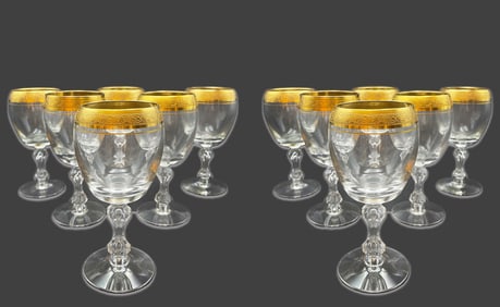A Set Of Twelve Westchester By Tiffin-Franciscan Gold Encrusted Band Crystal Wine Glasses