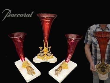 A SET OF THREE 19TH C. BACCARAT RUBY CRYSTAL BRONZE CENTERPIECE VASES