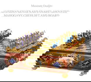 A Museum Quality 19th C. Austrian Silver-Gilt Enamel Mounted Mahogany Chess Set (1 of 2)