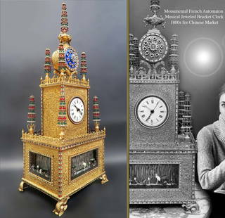 An Exquisite Monumental 19 Century French Automation Musical Jeweled Bracket Clock: An Exquisite Monumental 19 Century French Automation Musical Jeweled Bracket Clock for Chinese Market. Highly decorated in 24kt gold plate has white porcelain dial with black painted Roman numerals a