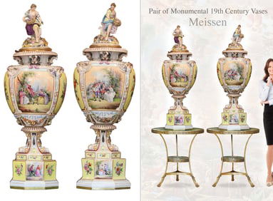 A Pair Of Monumental 19th C. German Meissen Hand Painted Porcelain Figural Lidded Vases/Urns
