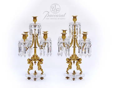 A Pair Of 19th C. French Baccarat Crystal 5 Arms Figural Dore Bronze Candelabras (1 of 1)
