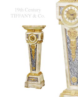 19th C. Tiffaney & Co. Figural Bronze Mounted Marble Pedestal Clock: 19th Century Tiffaney & Co. Figural Bronze Mounted Marble Pedestal Clock. H 47.5" x 15" x 10.5"