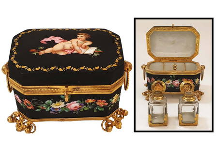 A French Bronze Hand Painted Black Porcelain Perfume Box: A French Bronze Hand Painted Black Porcelain Perfume Box with Perfume Bottles inside. H 4.5" x 6.5" x 4"