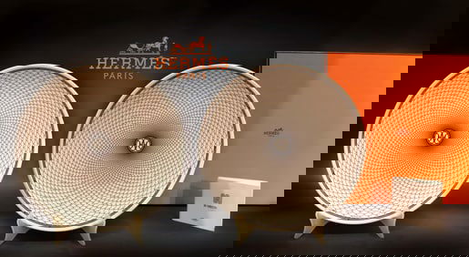 A Pair Of Hermes H Deco Porcelain Dinner Plates, Boxed, COA & Hallmarked