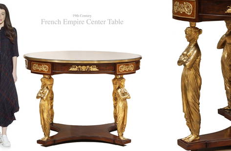A Large 19th C. French Empire Figural Bronze Center-Table: A Large 19th C. French Empire Figural Bronze Round Table. W 47" x H 33"