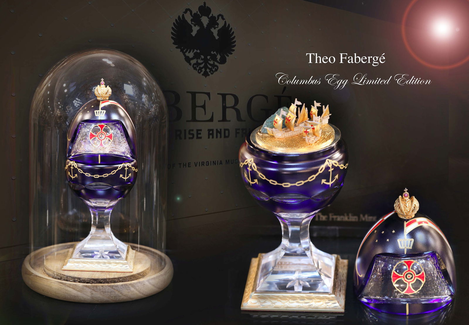 The Columbus Egg, A Teo Faberge 500th Anniversary Of The Discovery Of America Egg, Closed Edition: The Columbus Egg celebrates the 500th Anniversary of the discovery of America. This magnificent Egg is created in 24% cobalt blue lead crystal. Main sail and crow's nest are depicted with flowing flag