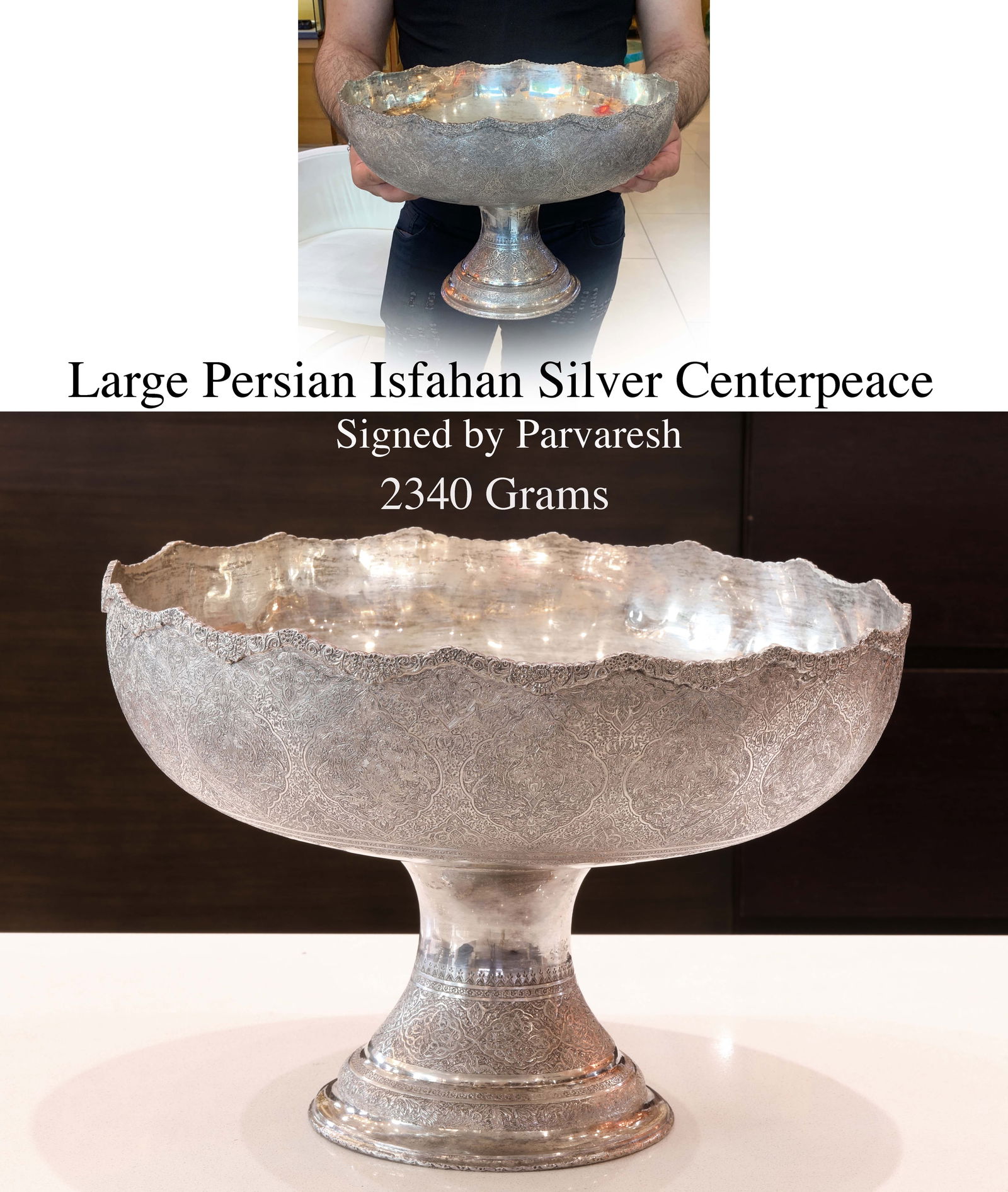 A Large Persian Isfahan Silver Centerpiece/Large Bowl, Parvaresh Signed (1 of 2)
