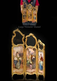 19th C. Viennese Enamel Gilt Bronze Miniature Panel Screen Room Divider (Paravan)