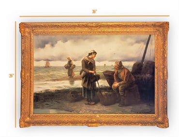 Woman & Fisherman, A Late 19th C. Oil On Canvas Framed Painting, Signed