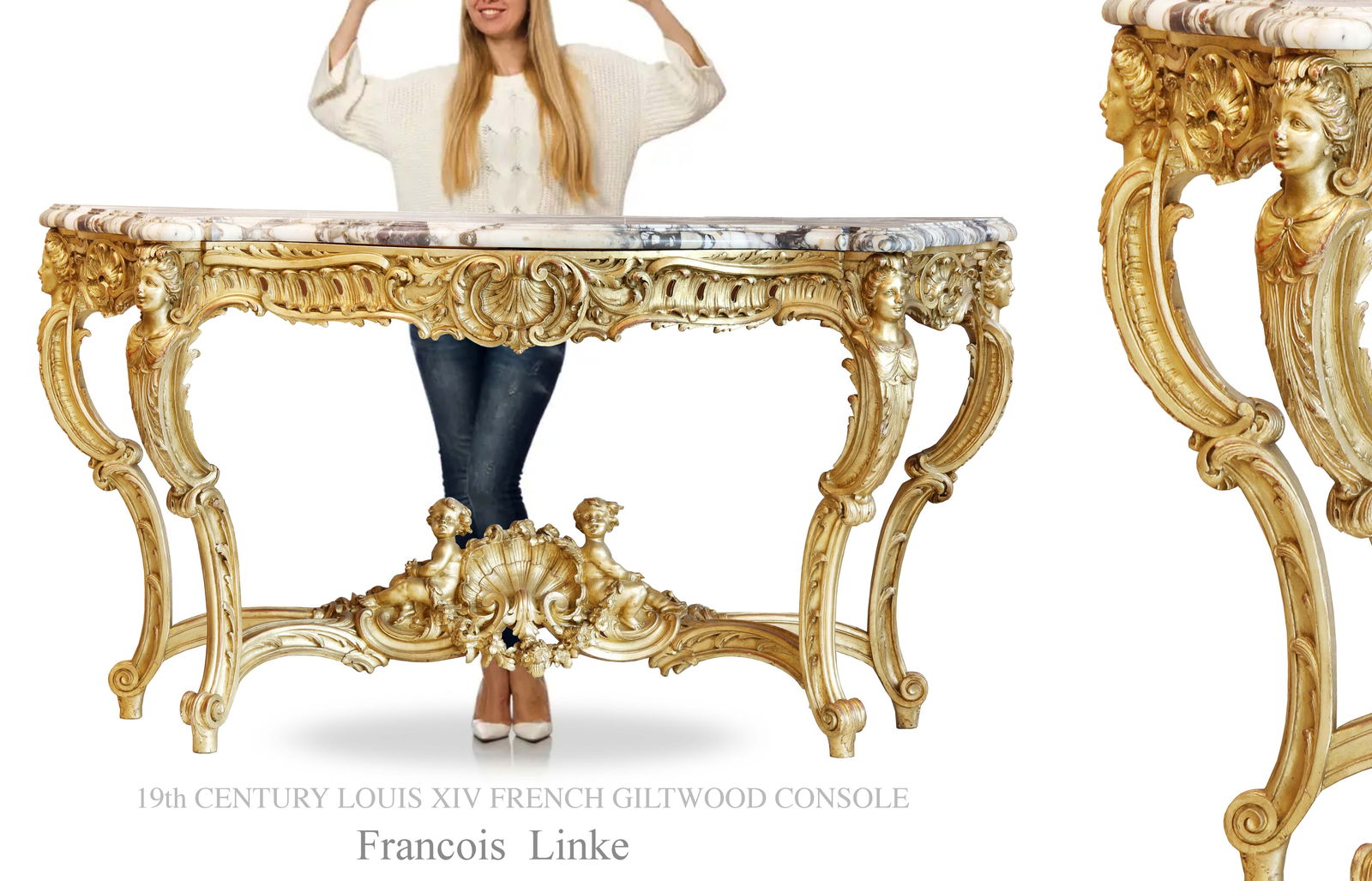 A Large 19th C. French F. Linke Louis XIV Style Giltwood Console Table: A Large 19th C. French Francois Linke Louis XIV Style Giltwood Top Marble Console Table. H 38.5" x 72" x 23"