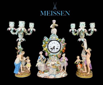 A Fine 19th C. German Meissen Hand Painted Porcelain Figural Clock Set, Hallmarked