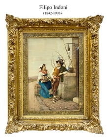 The Musician Couple, An Italian Filipo Indoni (1842-1908) Watercolor Painting, Signed